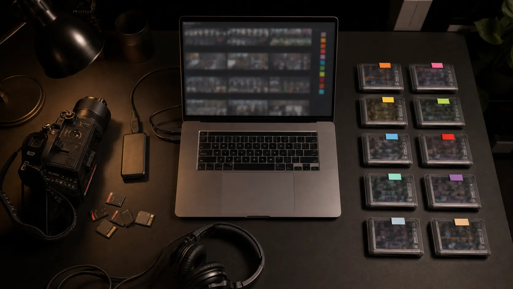 QShot Studio 工作流概念图:Alex 的相机素材在 Mac 上被整理为10组球员片段